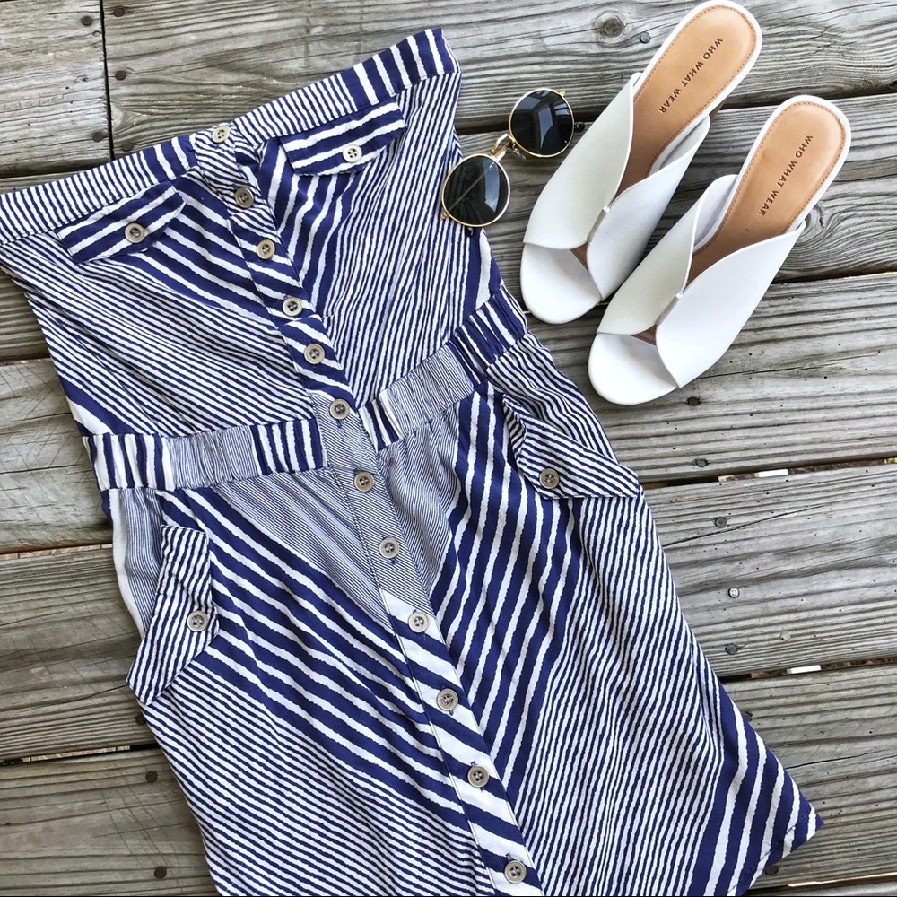 Blue & White Striped Strapless Dress